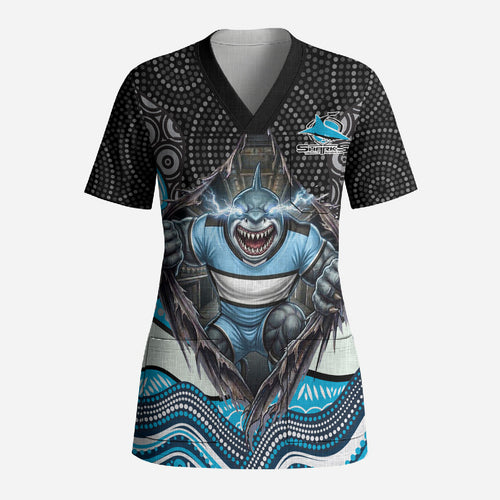 Cronulla Sutherland Sharks Scrub Top The Scream of Lightning Eyes - Indigenous Dot Ripping Effect