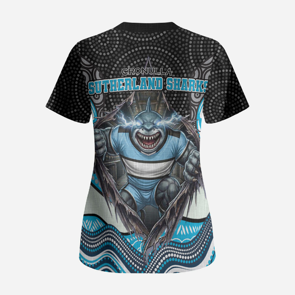 Cronulla Sutherland Sharks Scrub Top The Scream of Lightning Eyes - Indigenous Dot Ripping Effect