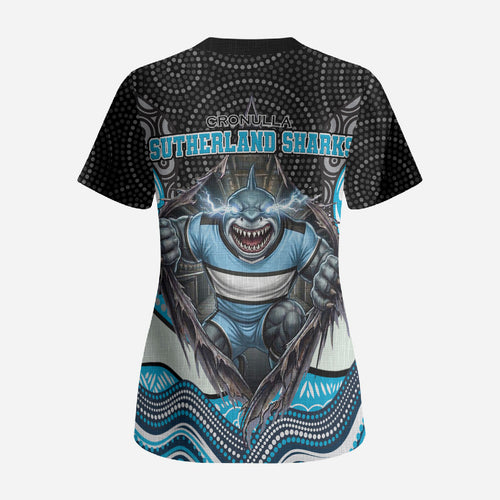 Cronulla Sutherland Sharks Scrub Top The Scream of Lightning Eyes - Indigenous Dot Ripping Effect