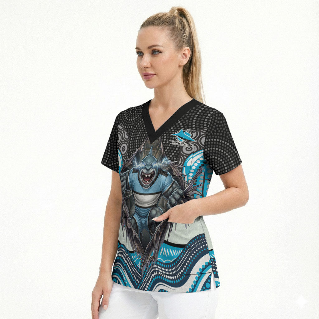 Cronulla Sutherland Sharks Scrub Top The Scream of Lightning Eyes - Indigenous Dot Ripping Effect