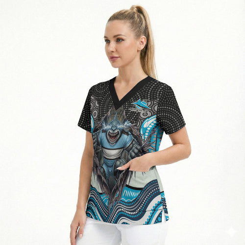 Cronulla Sutherland Sharks Scrub Top The Scream of Lightning Eyes - Indigenous Dot Ripping Effect