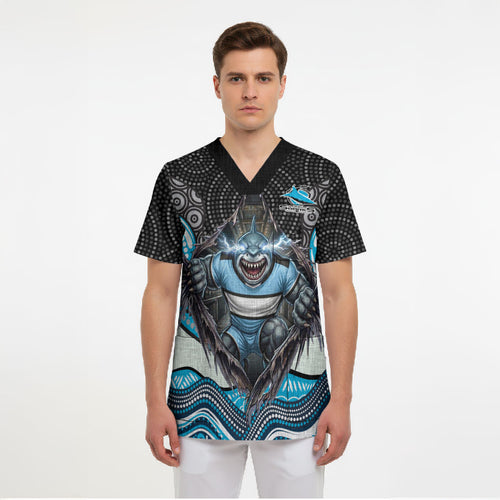 Cronulla Sutherland Sharks Scrub Top The Scream of Lightning Eyes - Indigenous Dot Ripping Effect