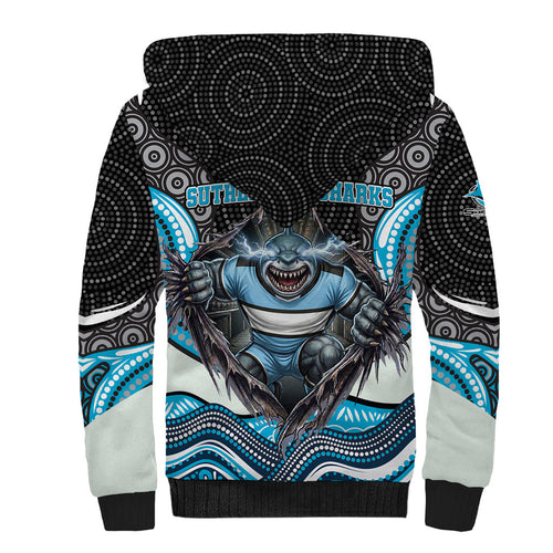 Cronulla Sutherland Sharks Sherpa Hoodie The Scream of Lightning Eyes - Indigenous Dot Ripping Effect