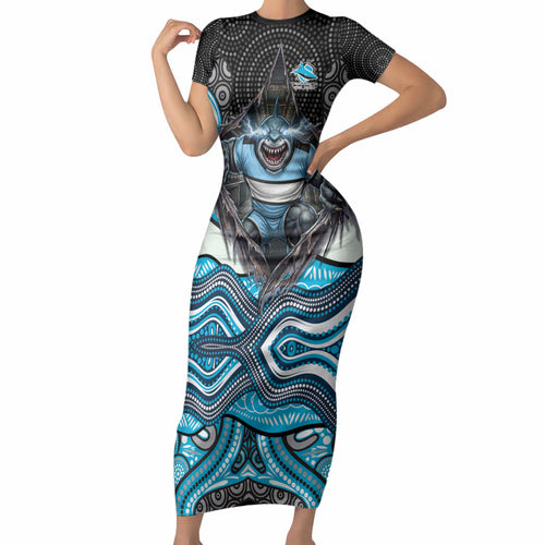 Cronulla Sutherland Sharks Short Sleeve Bodycon Dress The Scream of Lightning Eyes - Indigenous Dot Ripping Effect