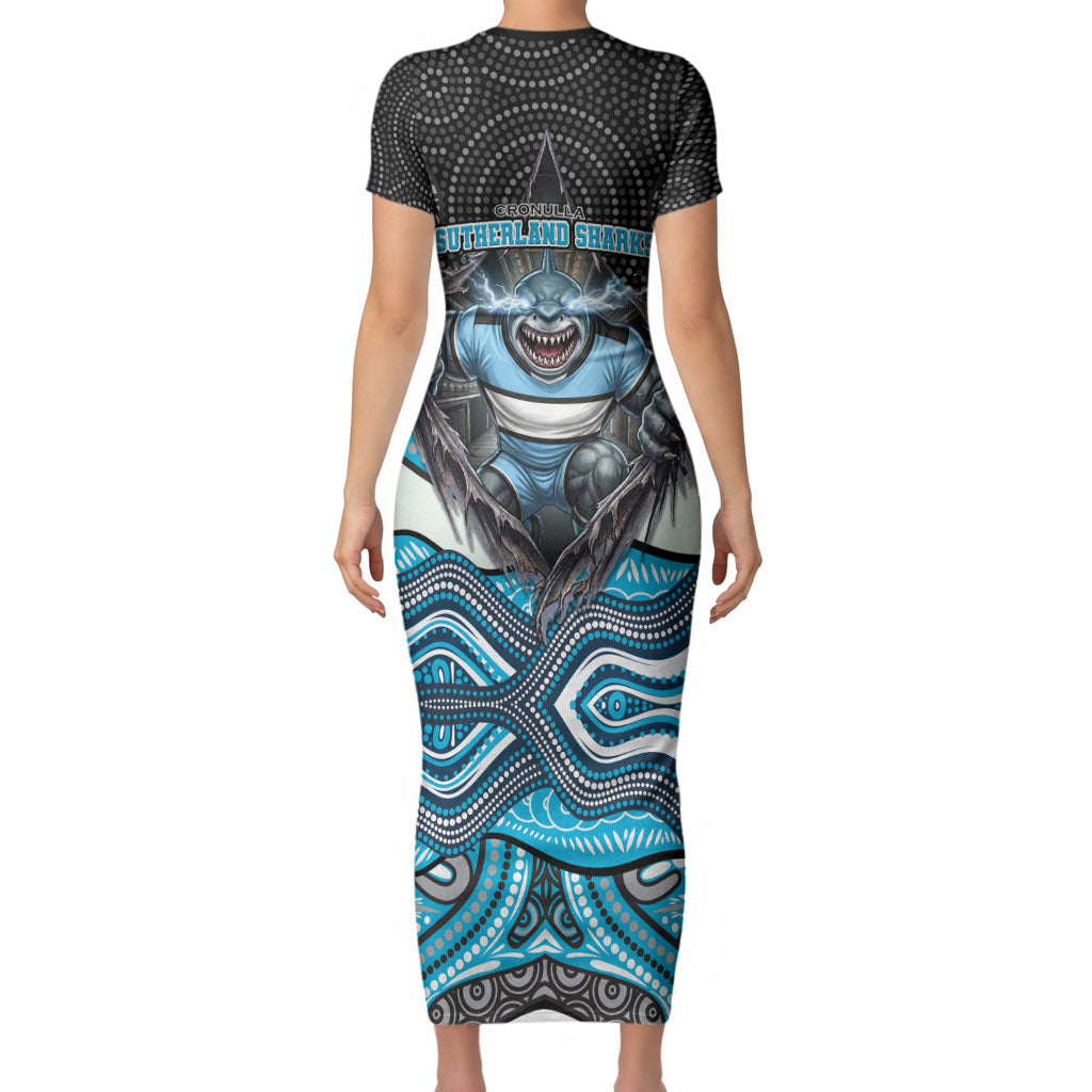 Cronulla Sutherland Sharks Short Sleeve Bodycon Dress The Scream of Lightning Eyes - Indigenous Dot Ripping Effect