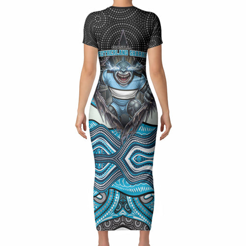 Cronulla Sutherland Sharks Short Sleeve Bodycon Dress The Scream of Lightning Eyes - Indigenous Dot Ripping Effect