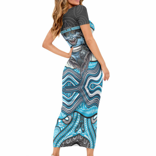 Cronulla Sutherland Sharks Short Sleeve Bodycon Dress The Scream of Lightning Eyes - Indigenous Dot Ripping Effect