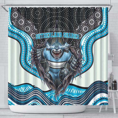 Cronulla Sutherland Sharks Shower Curtain The Scream of Lightning Eyes - Indigenous Dot Ripping Effect