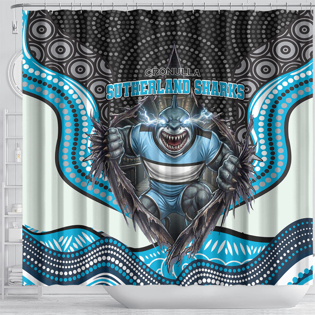 Cronulla Sutherland Sharks Shower Curtain The Scream of Lightning Eyes - Indigenous Dot Ripping Effect
