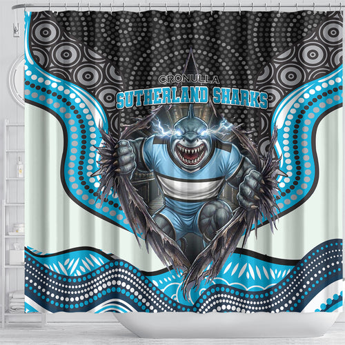 Cronulla Sutherland Sharks Shower Curtain The Scream of Lightning Eyes - Indigenous Dot Ripping Effect