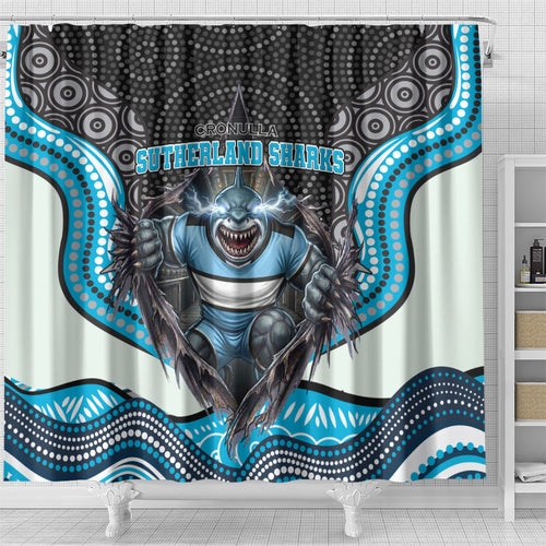 Cronulla Sutherland Sharks Shower Curtain The Scream of Lightning Eyes - Indigenous Dot Ripping Effect