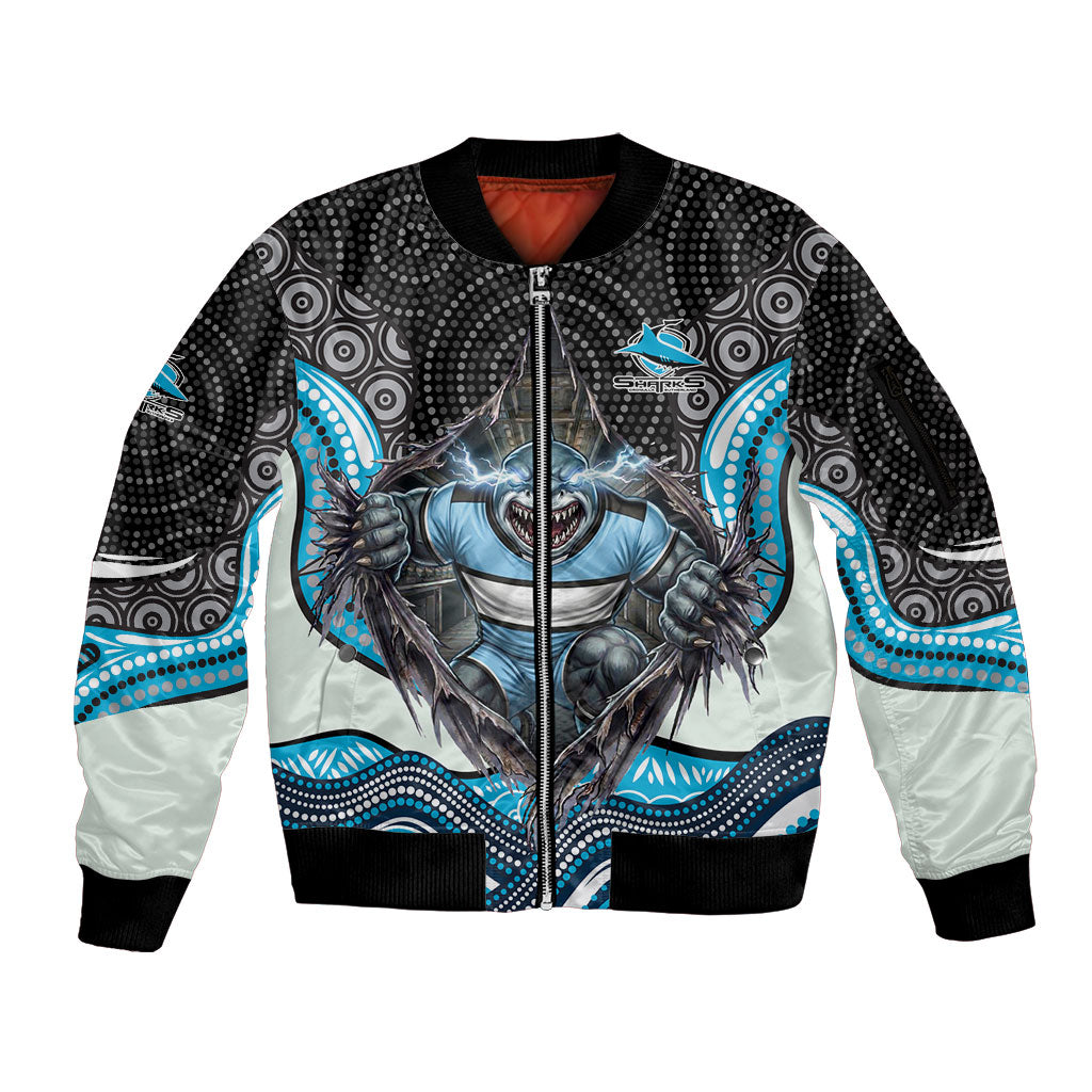 Cronulla Sutherland Sharks Sleeve Zip Bomber Jacket The Scream of Lightning Eyes - Indigenous Dot Ripping Effect