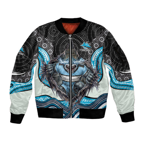 Cronulla Sutherland Sharks Sleeve Zip Bomber Jacket The Scream of Lightning Eyes - Indigenous Dot Ripping Effect
