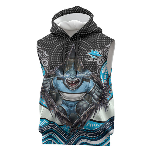 Cronulla Sutherland Sharks Sleeveless Hoodie The Scream of Lightning Eyes - Indigenous Dot Ripping Effect