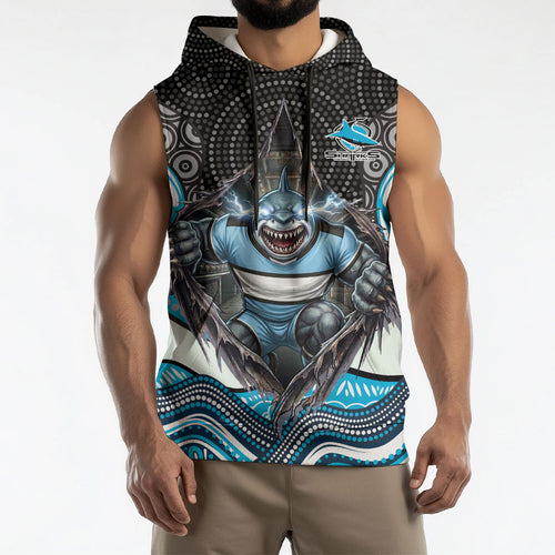 Cronulla Sutherland Sharks Sleeveless Hoodie The Scream of Lightning Eyes - Indigenous Dot Ripping Effect