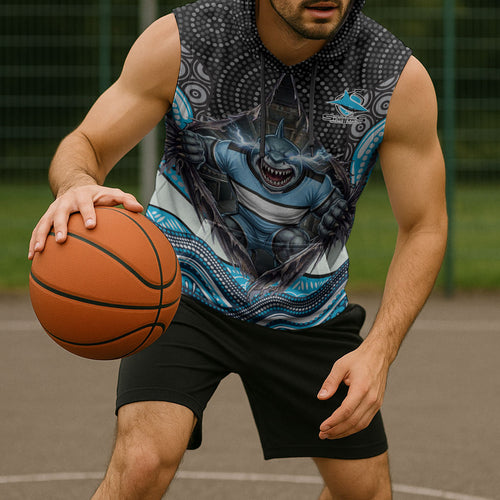 Cronulla Sutherland Sharks Sleeveless Hoodie The Scream of Lightning Eyes - Indigenous Dot Ripping Effect