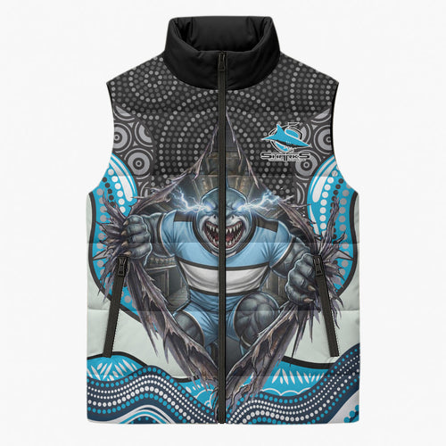 Cronulla Sutherland Sharks Sleeveless Puffer Jacket The Scream of Lightning Eyes - Indigenous Dot Ripping Effect