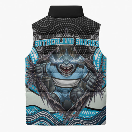 Cronulla Sutherland Sharks Sleeveless Puffer Jacket The Scream of Lightning Eyes - Indigenous Dot Ripping Effect