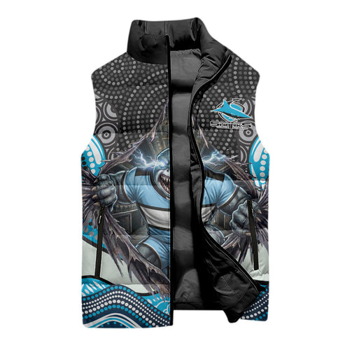 Cronulla Sutherland Sharks Sleeveless Puffer Jacket The Scream of Lightning Eyes - Indigenous Dot Ripping Effect