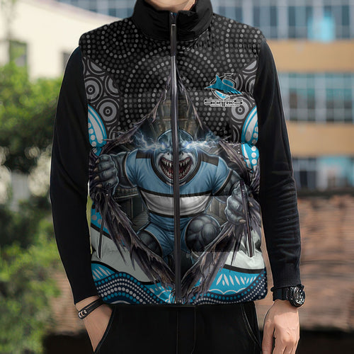 Cronulla Sutherland Sharks Sleeveless Puffer Jacket The Scream of Lightning Eyes - Indigenous Dot Ripping Effect