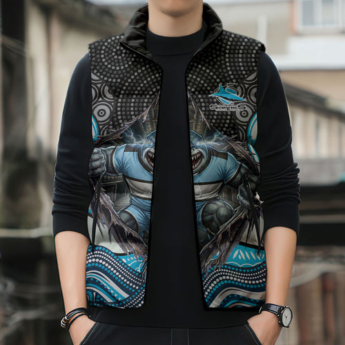 Cronulla Sutherland Sharks Sleeveless Puffer Jacket The Scream of Lightning Eyes - Indigenous Dot Ripping Effect