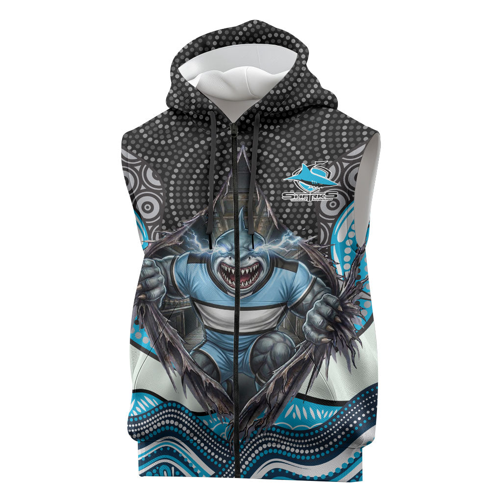 Cronulla Sutherland Sharks Sleeveless Zip Hoodie The Scream of Lightning Eyes - Indigenous Dot Ripping Effect
