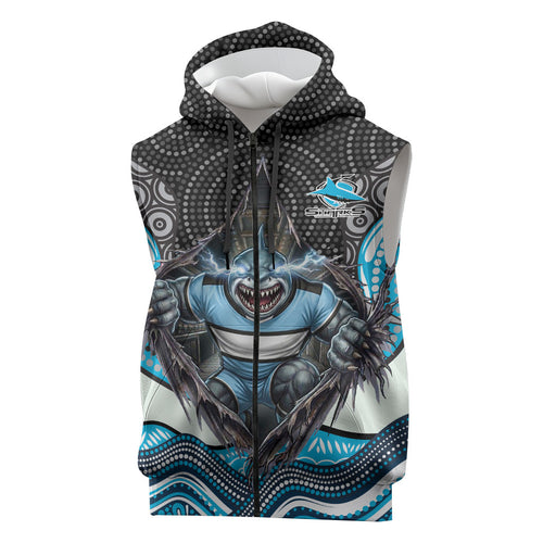Cronulla Sutherland Sharks Sleeveless Zip Hoodie The Scream of Lightning Eyes - Indigenous Dot Ripping Effect