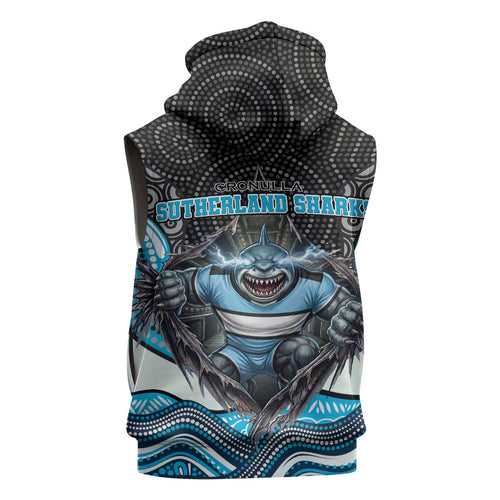 Cronulla Sutherland Sharks Sleeveless Zip Hoodie The Scream of Lightning Eyes - Indigenous Dot Ripping Effect