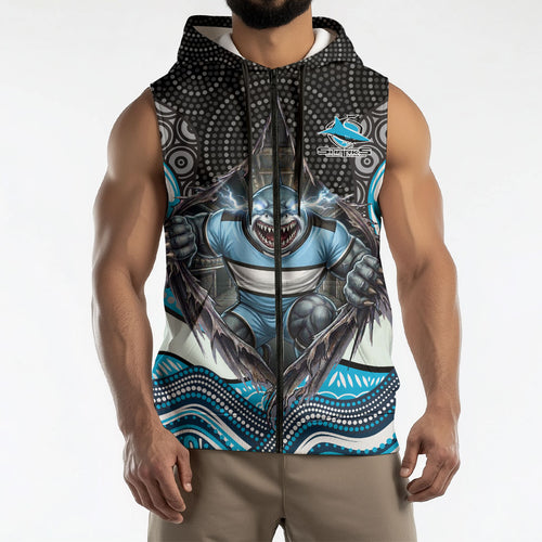 Cronulla Sutherland Sharks Sleeveless Zip Hoodie The Scream of Lightning Eyes - Indigenous Dot Ripping Effect