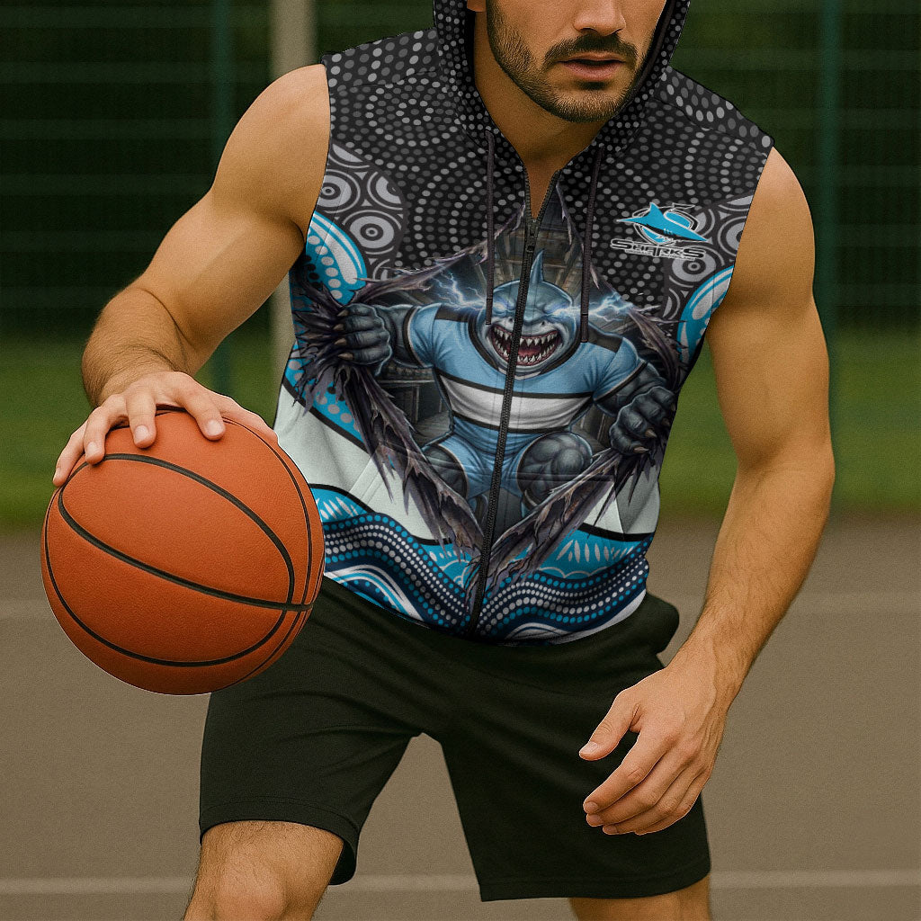 Cronulla Sutherland Sharks Sleeveless Zip Hoodie The Scream of Lightning Eyes - Indigenous Dot Ripping Effect
