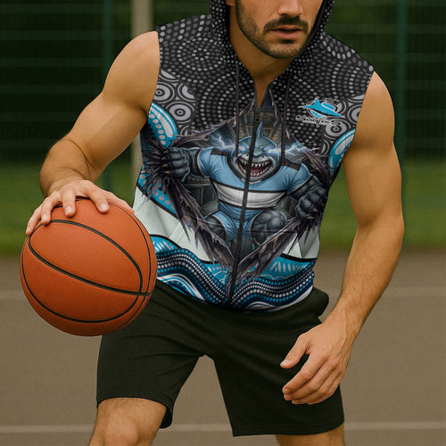 Cronulla Sutherland Sharks Sleeveless Zip Hoodie The Scream of Lightning Eyes - Indigenous Dot Ripping Effect