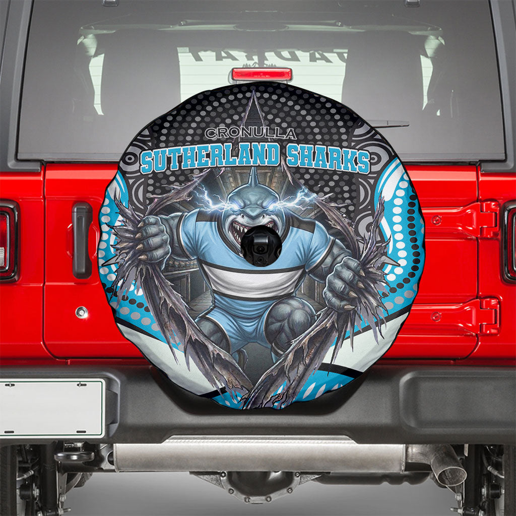 Cronulla Sutherland Sharks Spare Tire Cover The Scream of Lightning Eyes - Indigenous Dot Ripping Effect