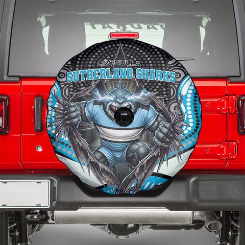Cronulla Sutherland Sharks Spare Tire Cover The Scream of Lightning Eyes - Indigenous Dot Ripping Effect