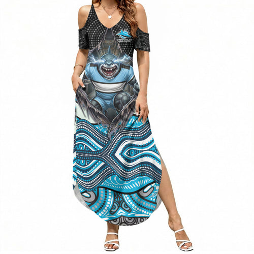Cronulla Sutherland Sharks Summer Maxi Dress The Scream of Lightning Eyes - Indigenous Dot Ripping Effect