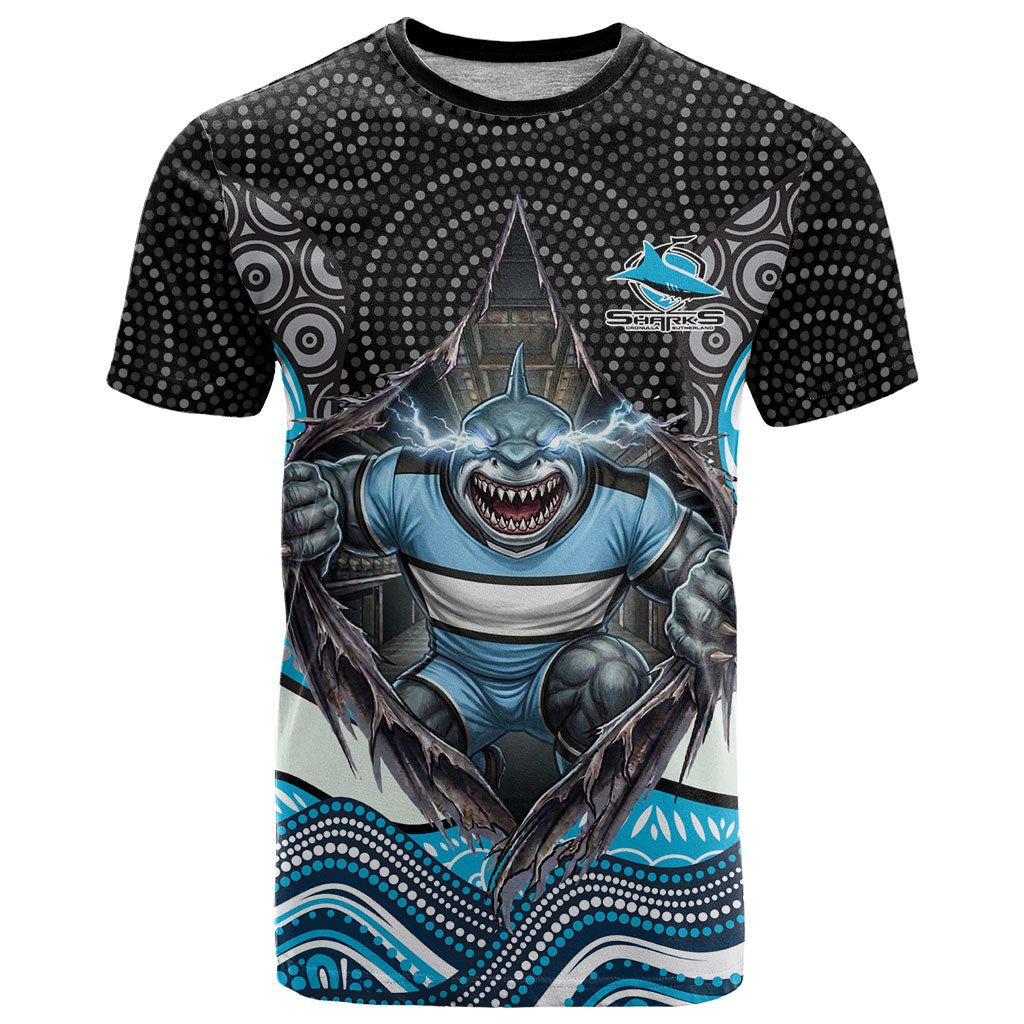 Cronulla Sutherland Sharks T Shirt The Scream of Lightning Eyes - Indigenous Dot Ripping Effect