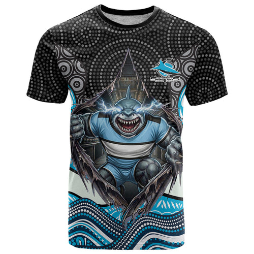 Cronulla Sutherland Sharks T Shirt The Scream of Lightning Eyes - Indigenous Dot Ripping Effect