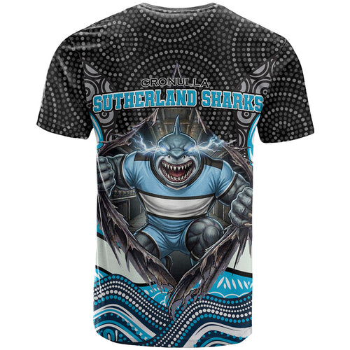 Cronulla Sutherland Sharks T Shirt The Scream of Lightning Eyes - Indigenous Dot Ripping Effect