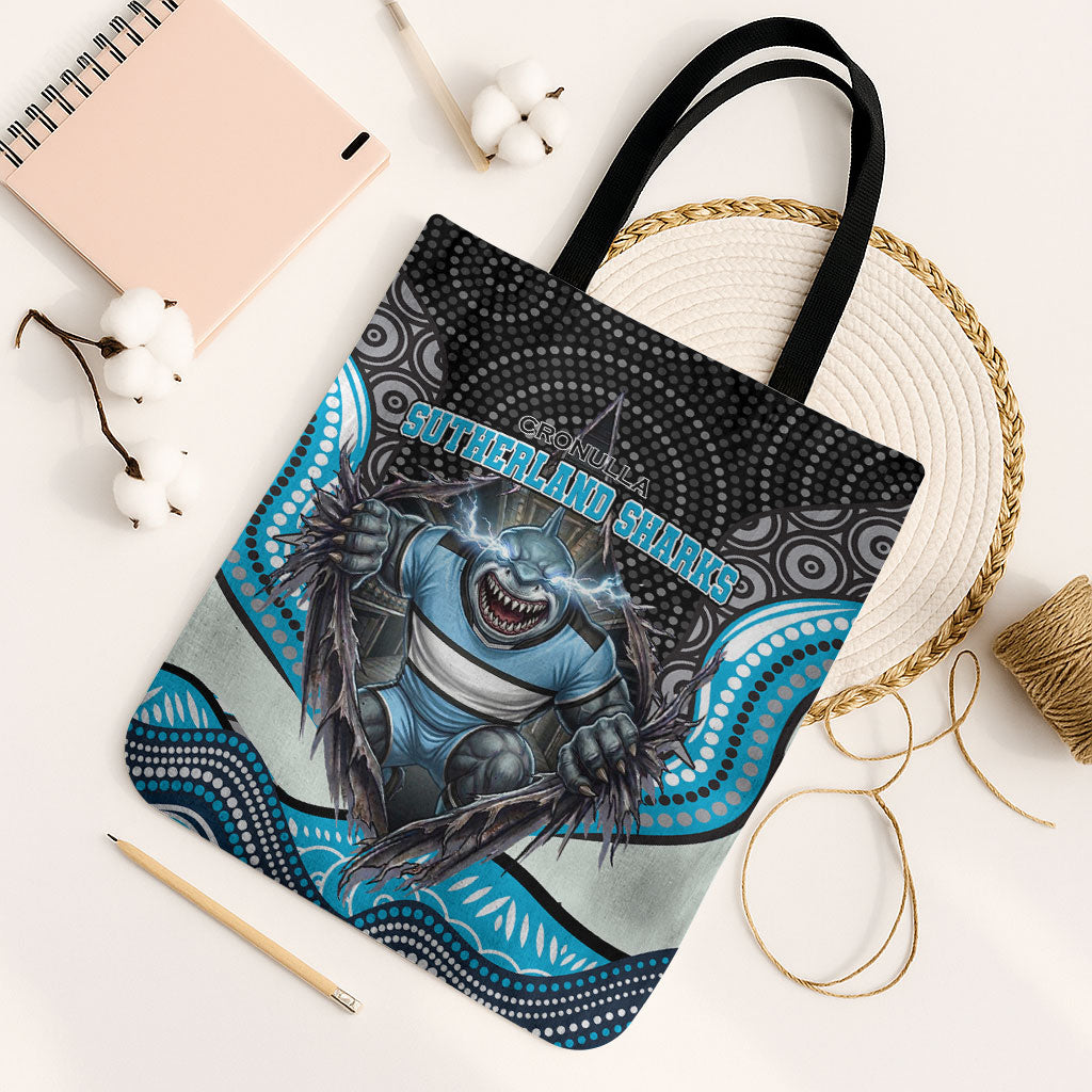 Cronulla Sutherland Sharks Tote Bag The Scream of Lightning Eyes - Indigenous Dot Ripping Effect