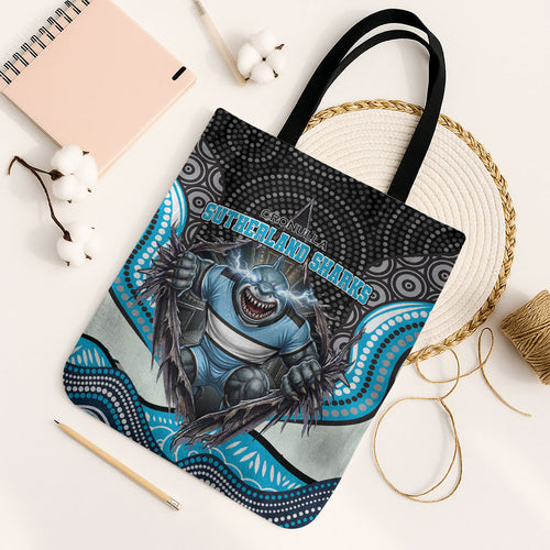 Cronulla Sutherland Sharks Tote Bag The Scream of Lightning Eyes - Indigenous Dot Ripping Effect