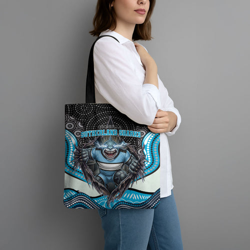 Cronulla Sutherland Sharks Tote Bag The Scream of Lightning Eyes - Indigenous Dot Ripping Effect