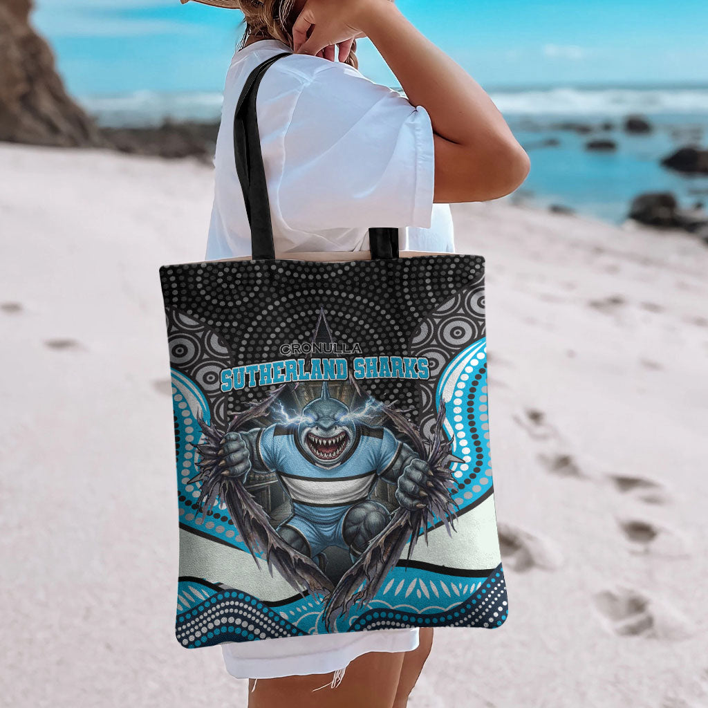 Cronulla Sutherland Sharks Tote Bag The Scream of Lightning Eyes - Indigenous Dot Ripping Effect