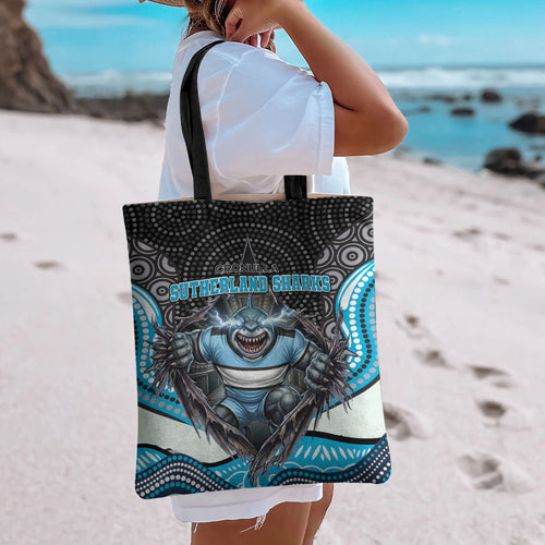 Cronulla Sutherland Sharks Tote Bag The Scream of Lightning Eyes - Indigenous Dot Ripping Effect