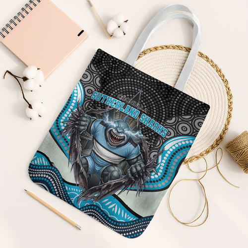 Cronulla Sutherland Sharks Tote Bag The Scream of Lightning Eyes - Indigenous Dot Ripping Effect