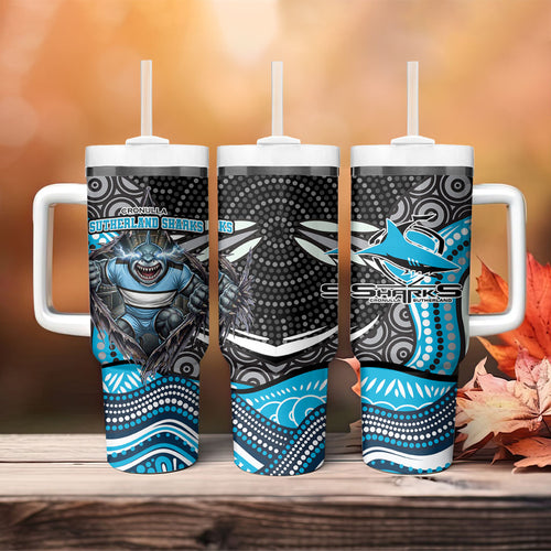 Cronulla Sutherland Sharks Tumbler With Handle The Scream of Lightning Eyes - Indigenous Dot Ripping Effect