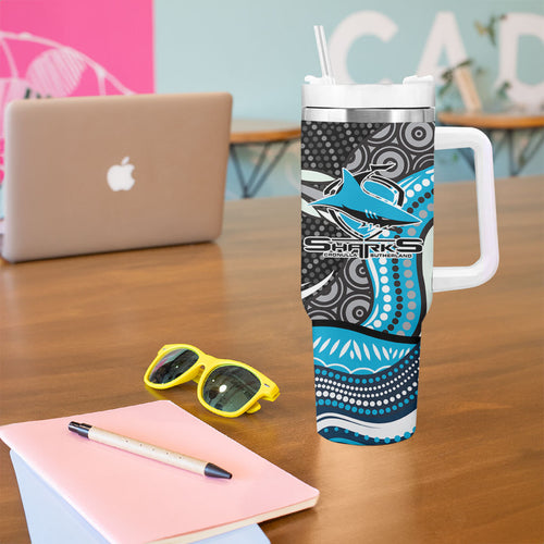 Cronulla Sutherland Sharks Tumbler With Handle The Scream of Lightning Eyes - Indigenous Dot Ripping Effect