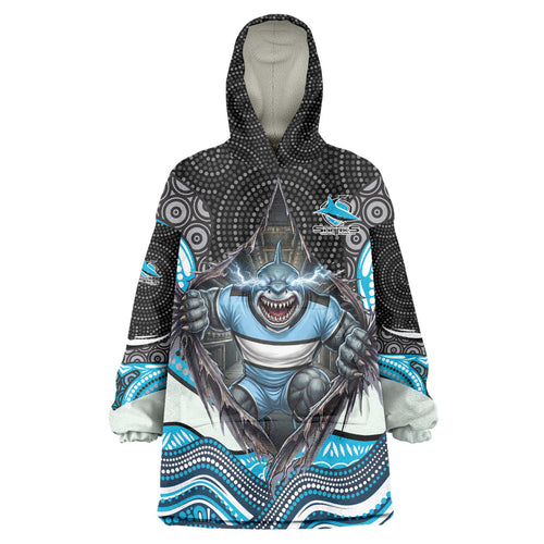 Cronulla Sutherland Sharks Wearable Blanket Hoodie The Scream of Lightning Eyes - Indigenous Dot Ripping Effect