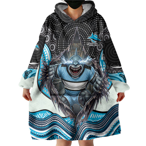 Cronulla Sutherland Sharks Wearable Blanket Hoodie The Scream of Lightning Eyes - Indigenous Dot Ripping Effect