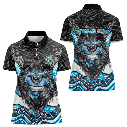 Cronulla Sutherland Sharks Women Polo Shirt The Scream of Lightning Eyes - Indigenous Dot Ripping Effect