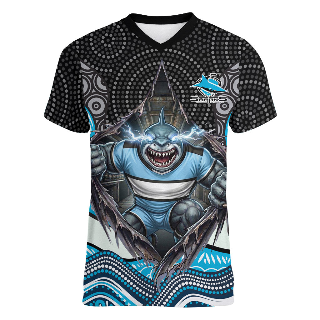 Cronulla Sutherland Sharks Women V-Neck T-Shirt The Scream of Lightning Eyes - Indigenous Dot Ripping Effect