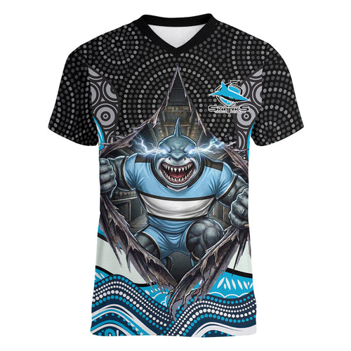 Cronulla Sutherland Sharks Women V-Neck T-Shirt The Scream of Lightning Eyes - Indigenous Dot Ripping Effect
